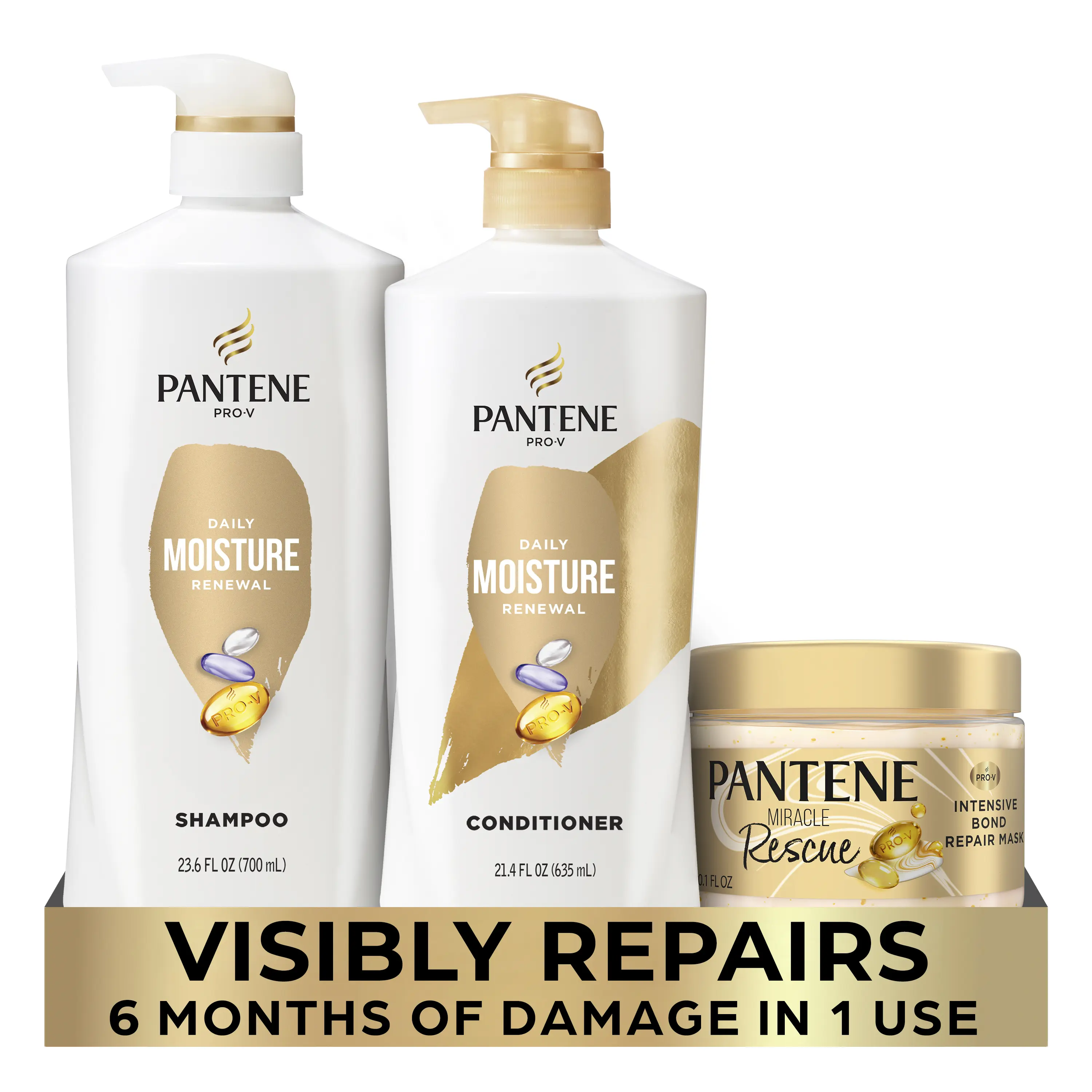 Pantene Hair Repair 3-Piece Set with Pro-V Miracle Rescue Intensive Bond Repair Mask (10.1 oz), Daily Moisture Renewal 72Hr Lush Moisture Shampoo (23.6 oz), Daily Moisture Renewal 72Hr Lush Moisture Conditioner (21.4 oz) - Melts Away Damage & Builds Bonds