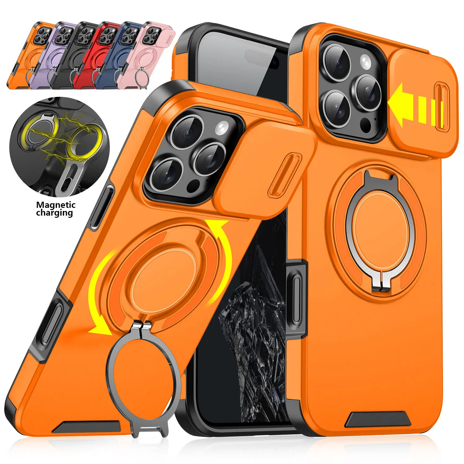 Case For iPhone 17 Pro Max 16 15 14 13 12 Pro,Hard Plastic Shell Cover, Compatible with MagSafe Accessories,Slide Camera Cover,Rotate Ring Holder Kickstand, Shockproof phone case Black Smartphone