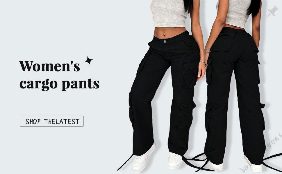 Women's Black High-Waist Multi-Pocket Stretchy Baggy Oversized Wide-Leg Cargo Pants - Drawstring Hem, Basic Lady Streetwear Casual Bottoms