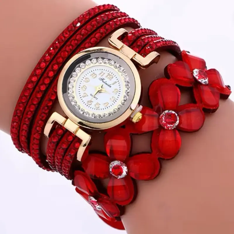 Women's Crystal Flower Wrap Watch Bracelet | Boho Rhinestone Quartz Wristwatch - Multi Colors