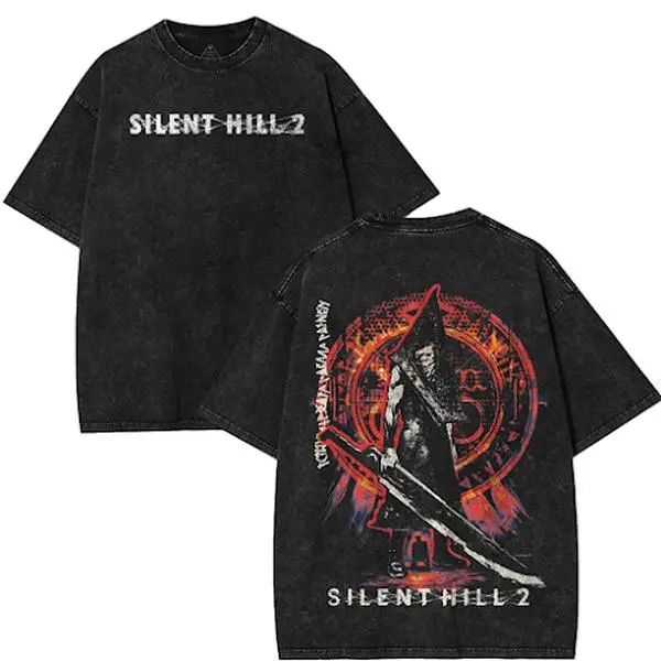 valentine shirts Silent Hill 2 pyramid head horror Game Washed Tshirt 2 Sided Cotton unisex acid graphic tees game anime manga movie Menswear Casual graphic t-shirts clothing merch Top Apparel