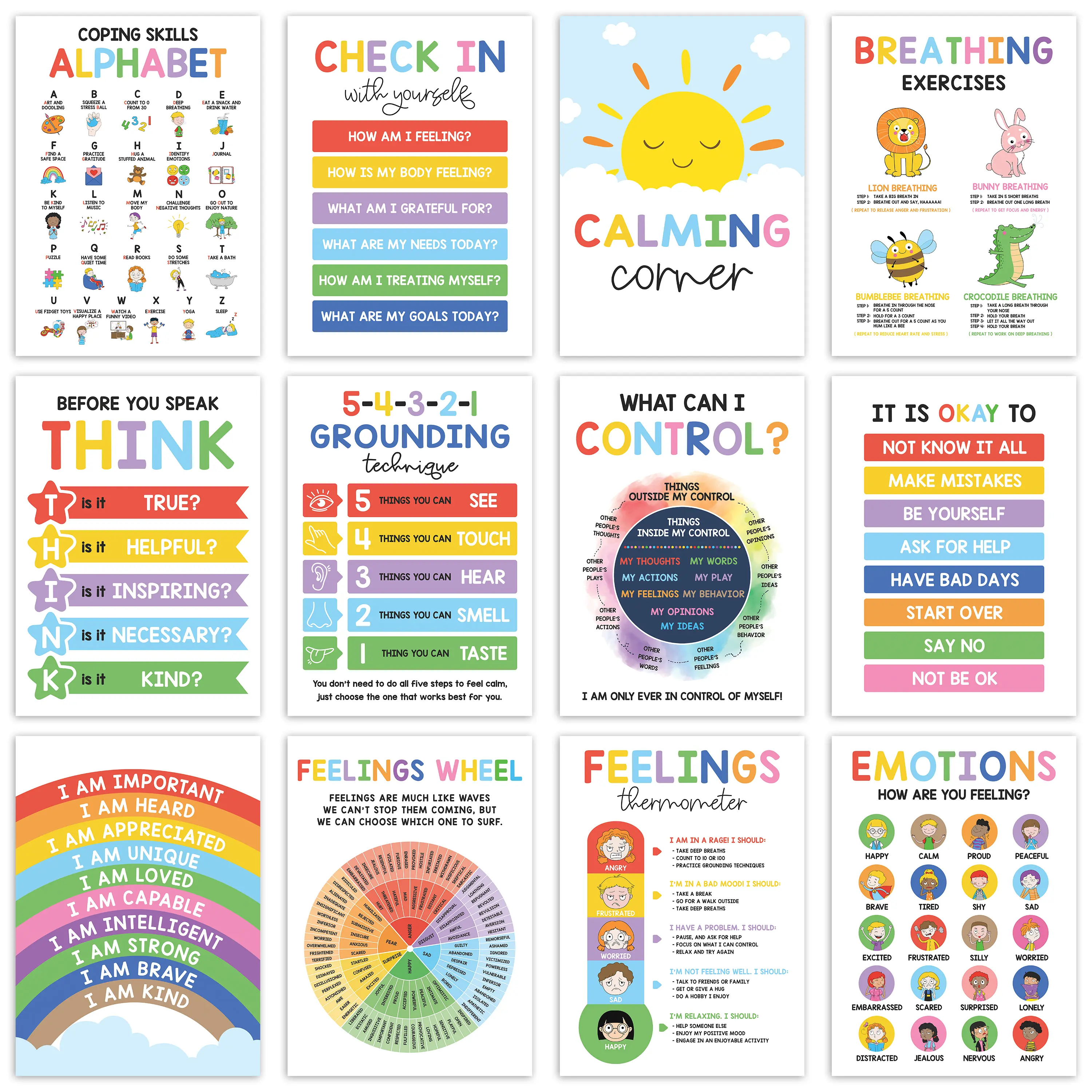 Kyleray 12 Pcs Durable Indoor Calming Posters - ESL Learning Materials, Emotions Chart, Feelings Wheel, Classroom Decoration for Preschool Kids to Develop Essential Emotional Skills