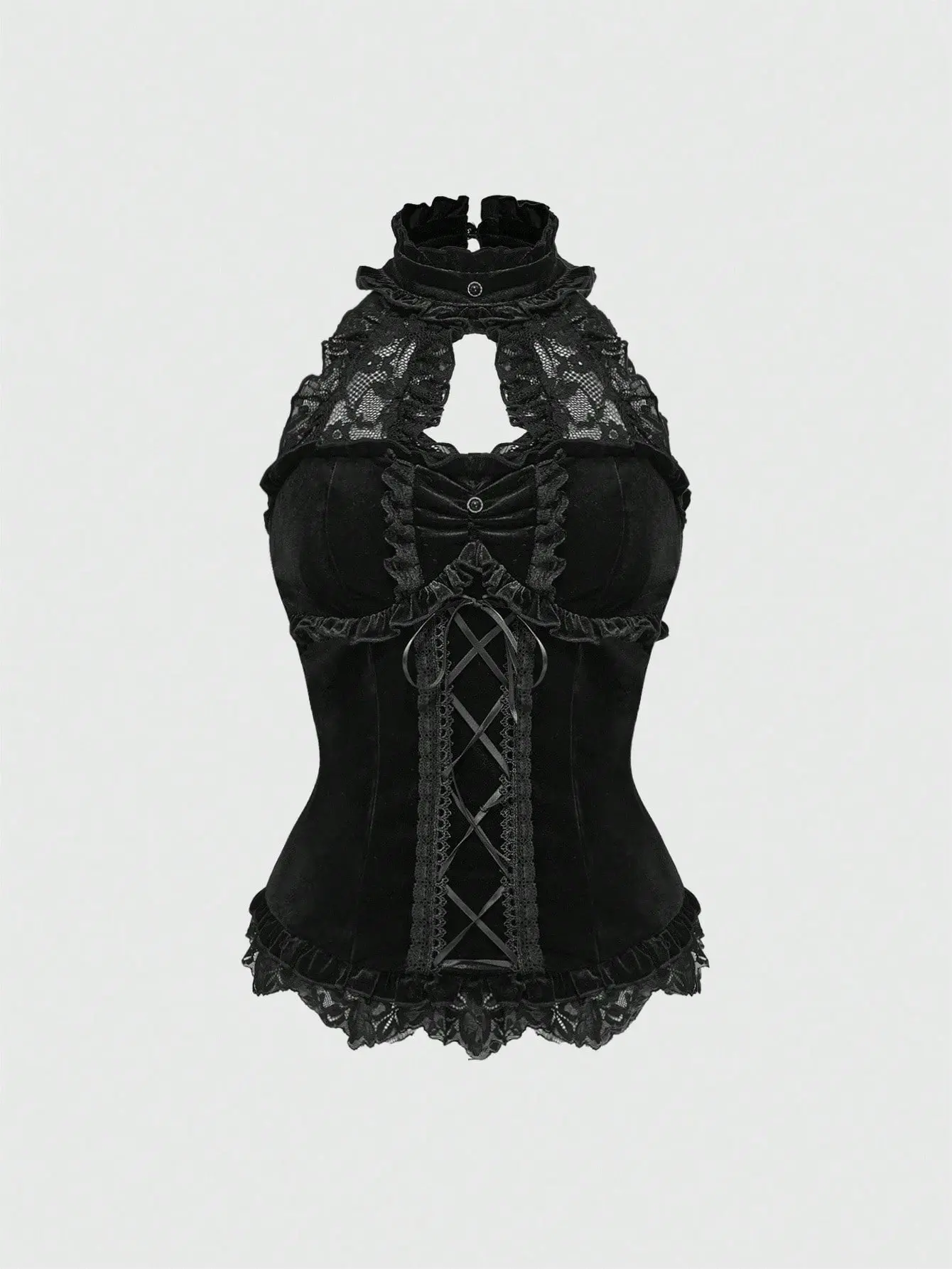 Women's Fairycore Goth Velvet Lace Cami Top Stand Collar Tie Waist Patchwork Vintage Elegant Tank Top