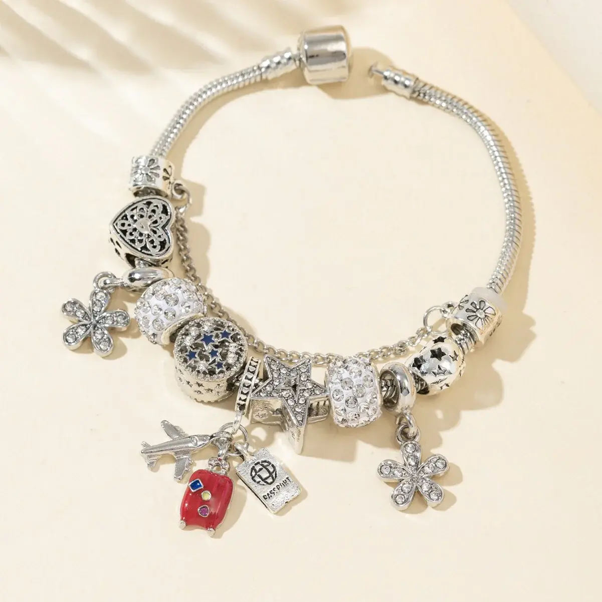Travel Theme Beaded Bracelet with Airplane Luggage Passport Charms Sparkling Rhinestone Jewelry Gift for Travelers