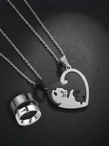 Cute Cat Design Pendant Necklace & Ring & Bracelet, Stainless Steel for Women & Men, Trendy All-match & Exquisite Matching Jewelry Set for Birthday Gift