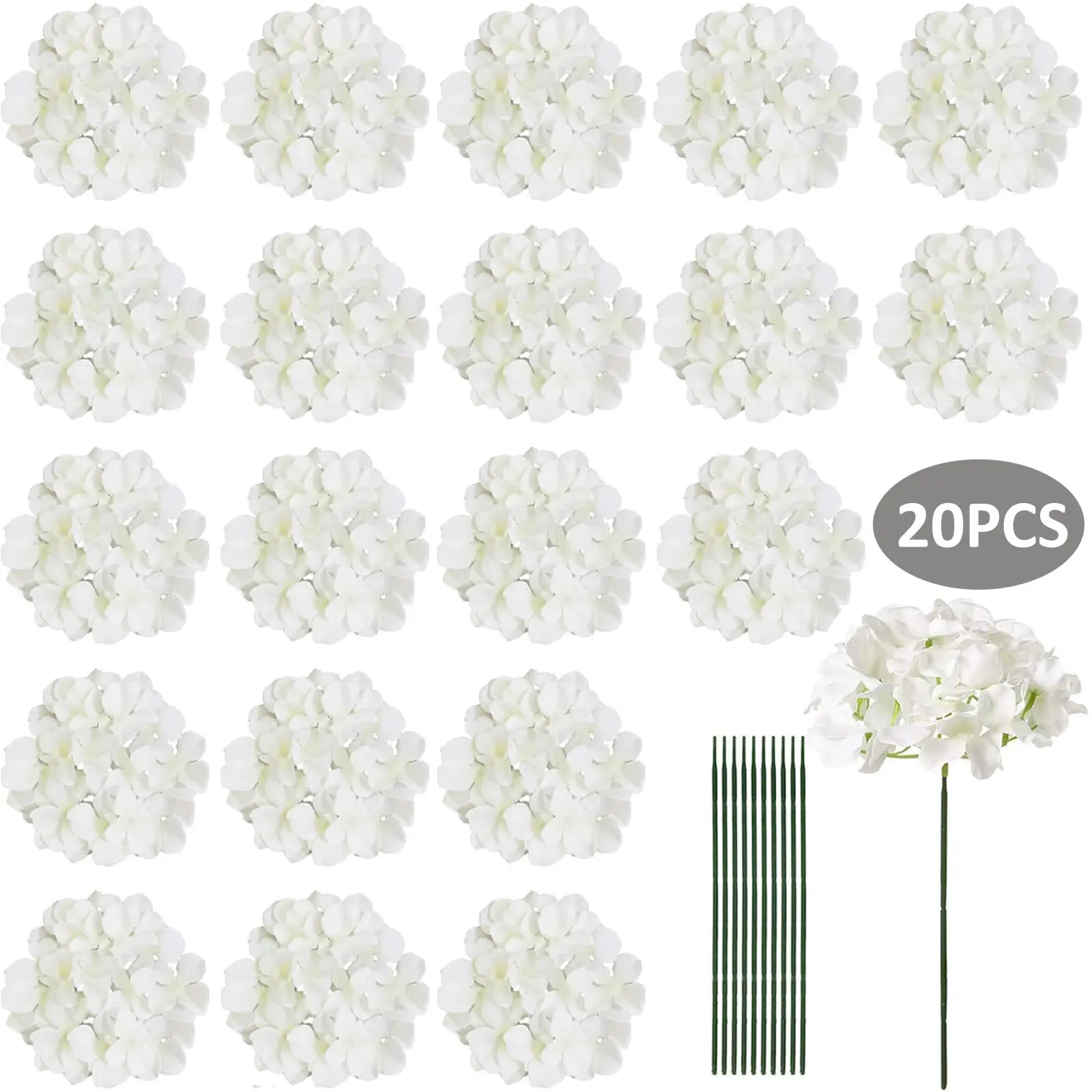 20 Pcs Artificial Hydrangea Silk Flower Heads with Stems, Fake Flowers for Mothers Day Wedding Centerpiece Home Garden Party Decor