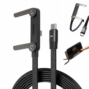 Invisible Holder Charging Cable 240W - 2-in-1 Tangle-Free Super Fast Charging Cord with Sturdy Phone Stand, Compatible with iPhone Samsung Type-C, for Gaming Office Travel (Black) Usb Cable