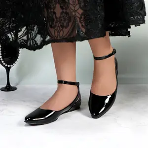 Women's Almond Toe Ballet Flats Patent Leather Elegant Solid Color with Adjustable Ankle Strap Lightweight Girl Casual Dressy Flat Shoes Footwear For Work Office Daily Wear