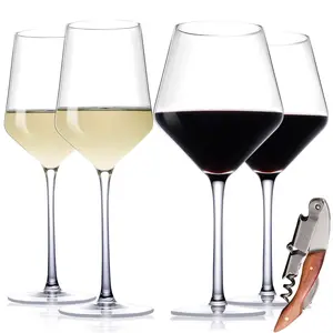 Physkoa Red and White Wine Glasses Set of 4 with Corkscrew, Hand Blown Crystal Glasses - Large Burgundy Glasses - Drinkware
