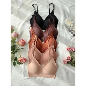 5-Pack Seamless Nude Bralette Set, Breathable Knit Fabric, Elegant Solid Color, No-Wire, Removable Pads, Medium Support, Adult Women's Underwear, Pajamas, Home Wear