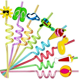 24 Pieces Beach Theme Reusable Plastic Drink Cocktail Straws Beach Ball Pool Summer Birthday Party Favor Decorations With 2 Cleaning Brushes 8 Colors Straws