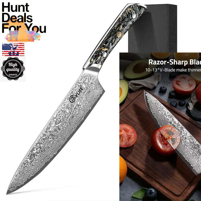 8-Inch Traditional Damascus Chef Knife - Japanese High Carbon 10Cr15Mov Stainless Steel Blade, Full Tang Ergonomic Handle for Balance & Control, Razor-Sharp Kitchen Knife with Sheath & Box, Knives
