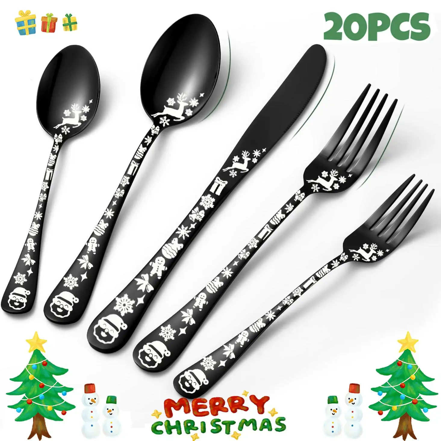 Christmas Themed Kitchen Cutlery Set, 20pcs/set Including Spoon, Fork and Knife, Stainless Steel Tableware Set, Dinner Utensil Set, Ideal Gift for Holiday, Flatware Set