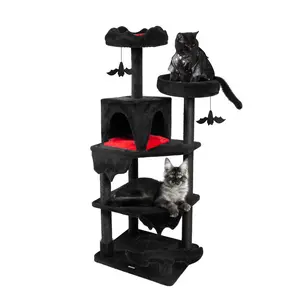 LHBcraft Gothic Multi-Level Cat Tree – Halloween-Themed Cat Tower with Coffin, Bat & Spider Elements, Space-Saving Design, Sisal-Wrapped Posts, Plush Platforms for Climbing, Scratching & Resting,Christmas gift