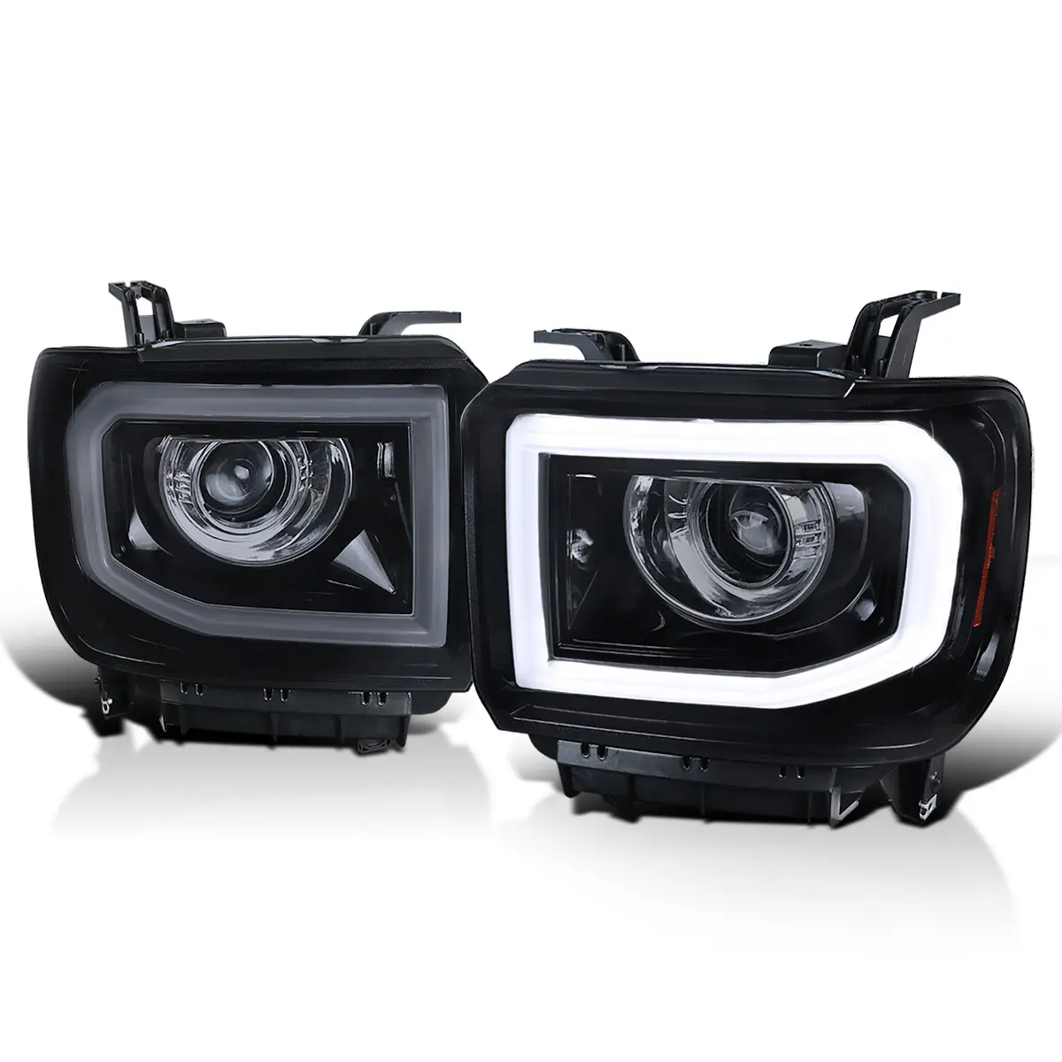 2014-2019 GMC Sierra 1500/2500/3500 LED Bar Projector Headlights w/ LED Turn Signals Lights (Glossy Black Housing/Smoked Lens)