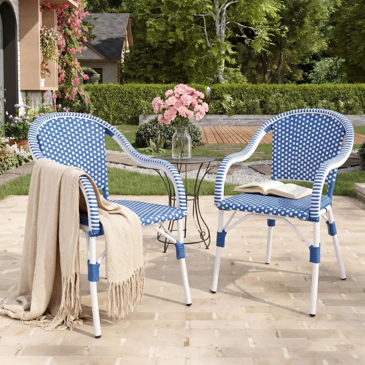 2 Pack Outdoor Wicker Armchairs - 22.09x23.94x34.33in, Bamboo Print, Rustproof Aluminum Frame, PE Rattan Curved Leisure Chairs, French Cafe Style French Garden Dining Chairs, Lightweight Durable for Patio, Lightweight Durable Garden Dining Chairs