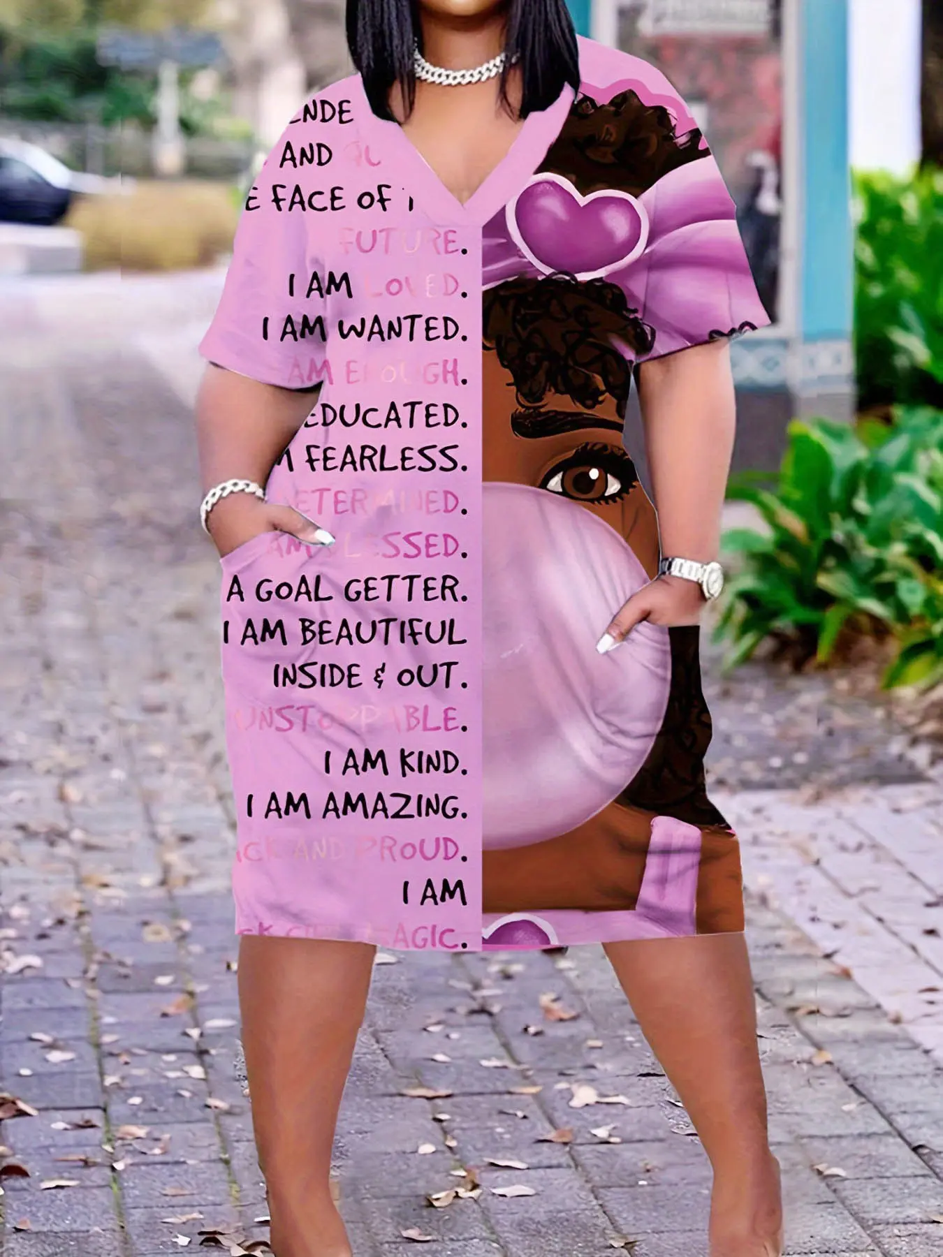 Plus Size Women's Casual Wear Casual Loose Fit Cartoon & Letter Print V-Neck Short Sleeve Elastic Pockets Summer Dress for All Seasons