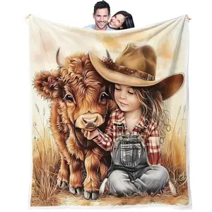 Highland Cattle Print Blanket, Flannel Blanket Bedding Set, Suitable for Children and Teenagers' Bedroom Decoration, Cute yak Baby and Girl Denim look particularly warm, Flannel Throw Blanket