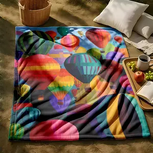 1 piece Colorful hot air balloons soaring in the sky themed flannel blanket - All-season comfortable flannel blanket, modern style, suitable for sofas and beds, digitally printed pattern, super soft and warm, 100% polyester material, machine