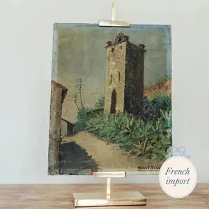 Antique Painting of Large Stone Tower in a Village