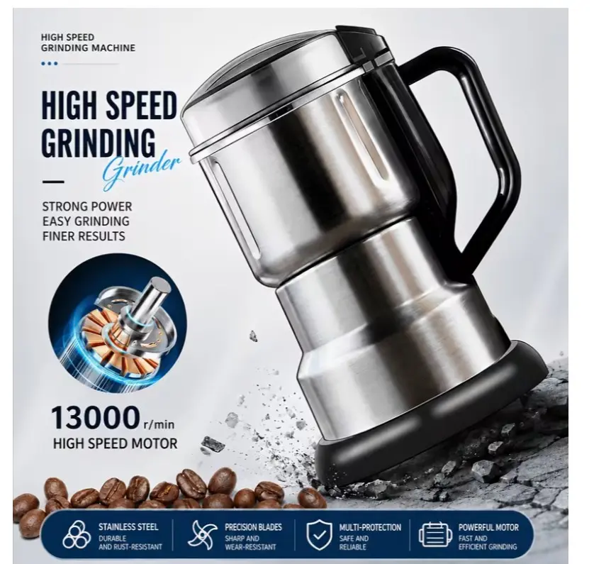 Electric 8-Blade Diamond Cutter Head Coffee Grinder - High-Speed Centrifugal Airflow, No-Residue Design, Clear Visible Lid, Ergonomic Handle, Thick Stainless Steel Jar, Non-Slip Power Base