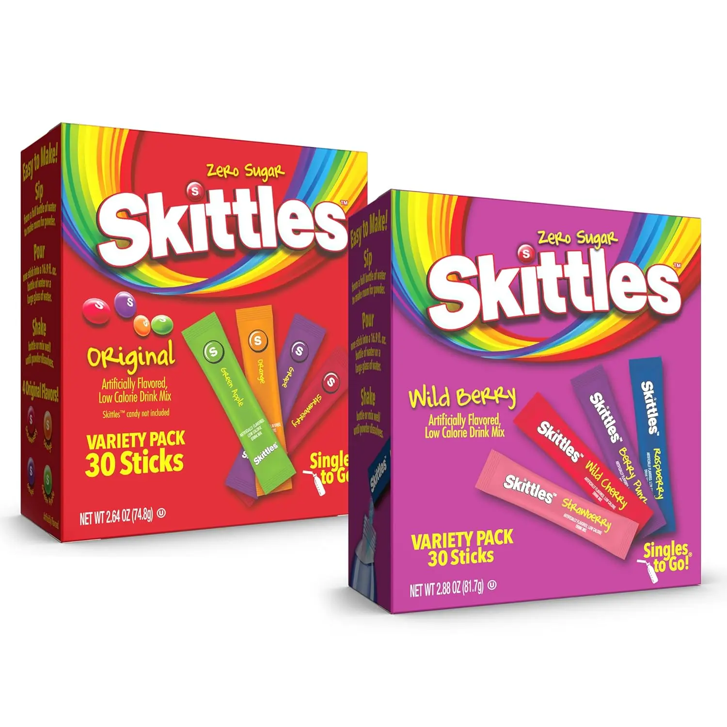 Skittles Singles To Go Wild Berry Variety Pack, Watertok Powdered Drink Mix, Zero Sugar, Low Calorie, Includes 4 Wild Berry Flavors, 1 Box (30 Single Servings)