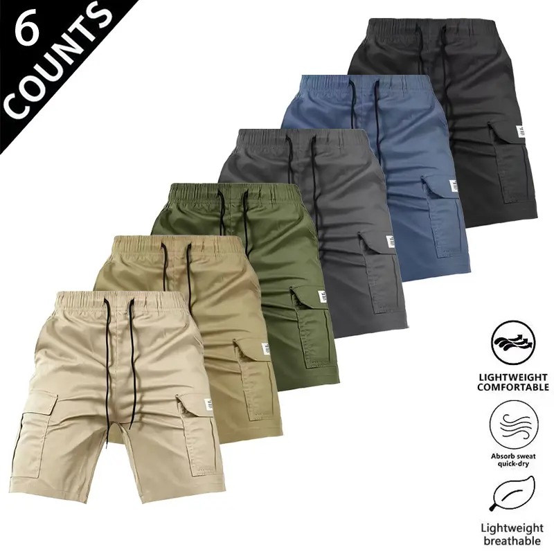 Men’s 6-Pack Multi-Color Cargo Shorts, Loose-Fit Baggy Lightweight Mid-Waist Summer Shorts with Cargo Pockets, Drawstring Elastic Waistband, Quick-Drying Breathable Athletic Casual Menswear, Baggy Lightweight Men's Shorts