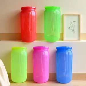 50pcs 16oz Neon Fluorescent Can Shaped Plastic Cups, Neon Colored Beer Soda Acrylic Plastic Cup With Lid, Fluorescent Cool Drinking Plastic Tumbler, Iced Coffee Cute Tumbler Cup For Cold Drinks  For UV DTF