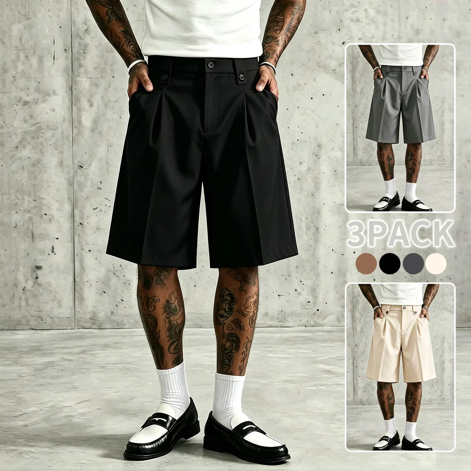 Men’s pleated dress shorts, 3-pack; loose knee-length suit shorts; high-waisted tailored casual shorts; lightweight wrinkle-free Bermuda shorts; business streetwear Bermuda shorts