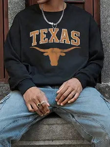 Men’s Texas Longhorn Graphic Sweatshirt, Casual Pullover Streetwear, Usa State Pride, Urban Fashion Y2K Trend Top