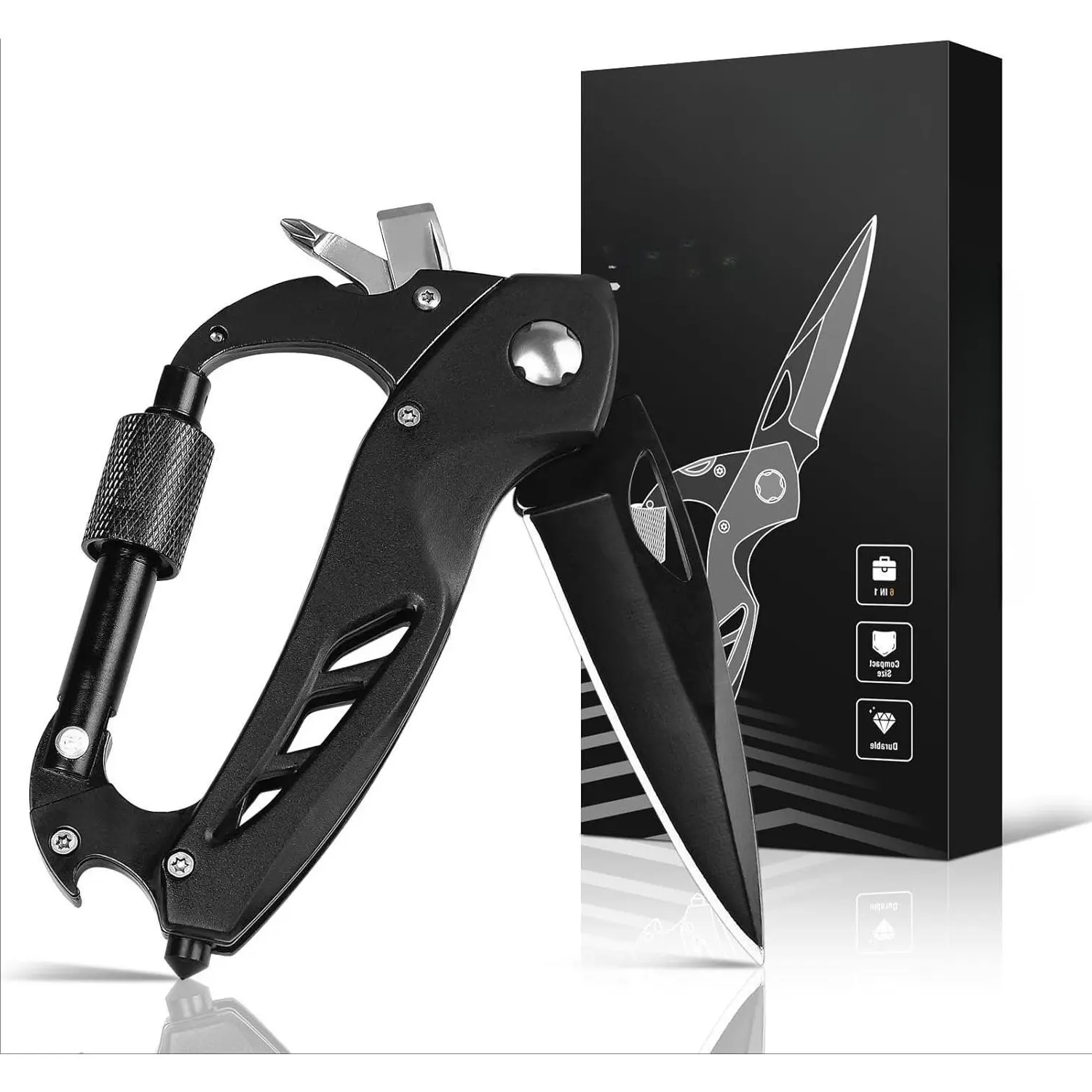 6-in-1 Compact Stainless Steel Multitool Carabiner Keychain for Men - 3.8 oz EDC with Quick Release Folding Knife, Bottle Opener, Window Breaker - Ideal Dad Gift for Hiking/Camping Outdoor Trips, Birthday