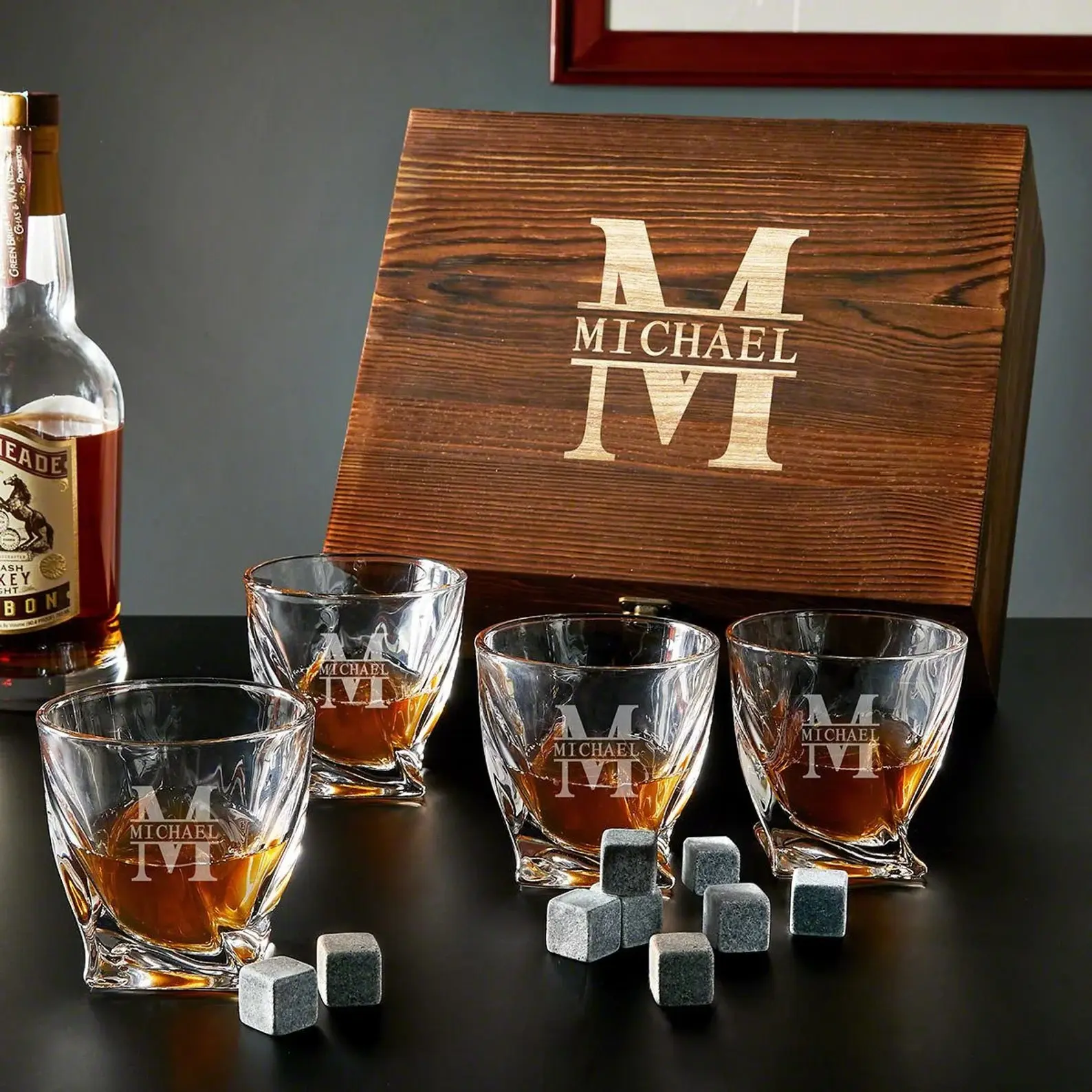 Personalized Whiskey Glasses – Custom Engraved Twist Whiskey Glass Set & Display Case with Whisky Stones by Home Wet Bar