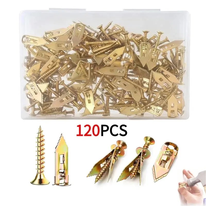 120 Pcs Home Drywall Self-Drilling Anchors & Screws Kit - 60 Flat Steel Anchors (0.47x1.57 In), 60 M4x35mm Zinc Bolts, Impact Resistance Carbon Steel Yellow Zinc Plated for Easy Wall Installation