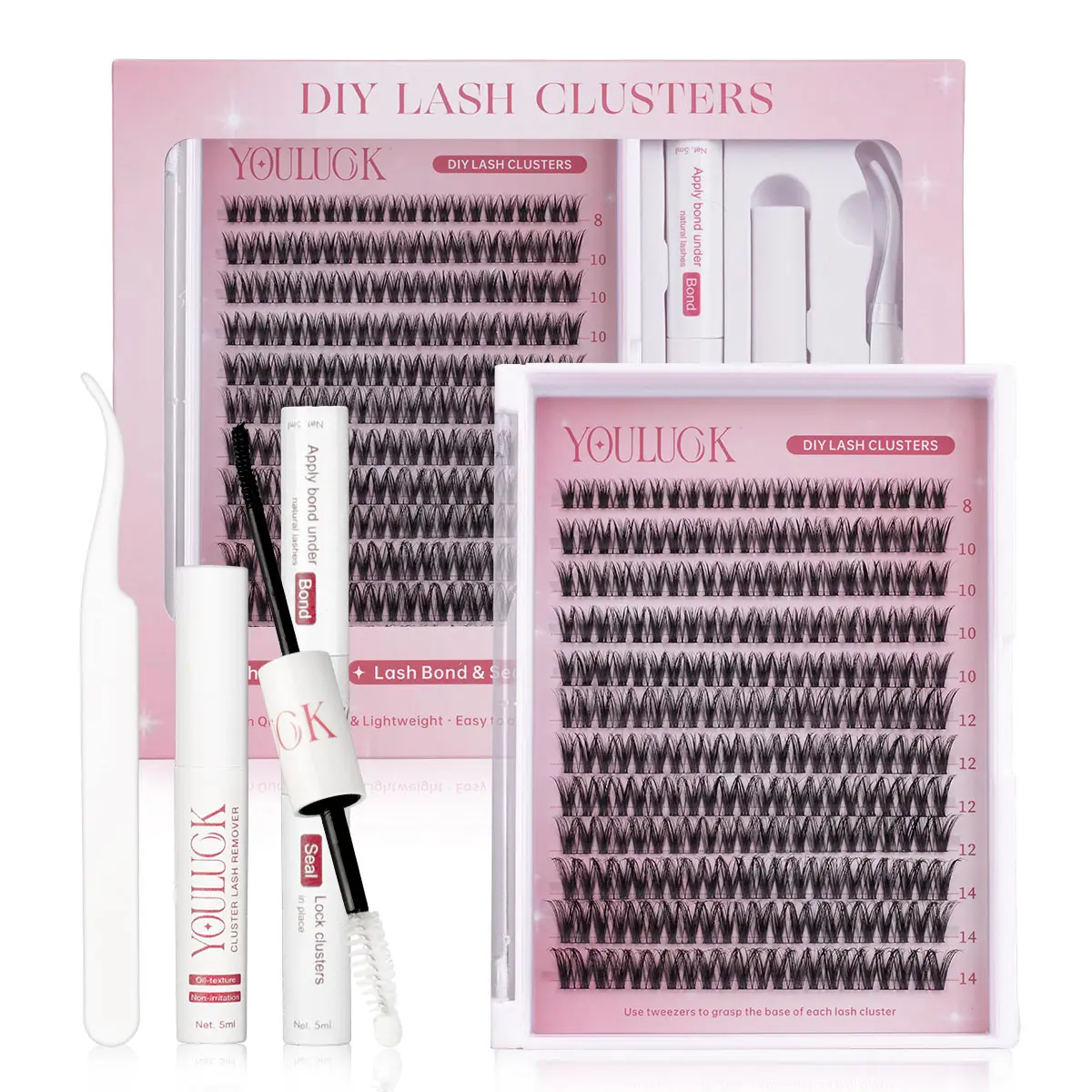 YOULUCK Short Flora 8-14mm Upgrade DIY Lash Clusters Lightweight Soft Fluffy Texture Gentle Long Lasting Waterproof Glue Ultra Thin Band Bond Seal Remover Makeup for Girls Beginner Friendly