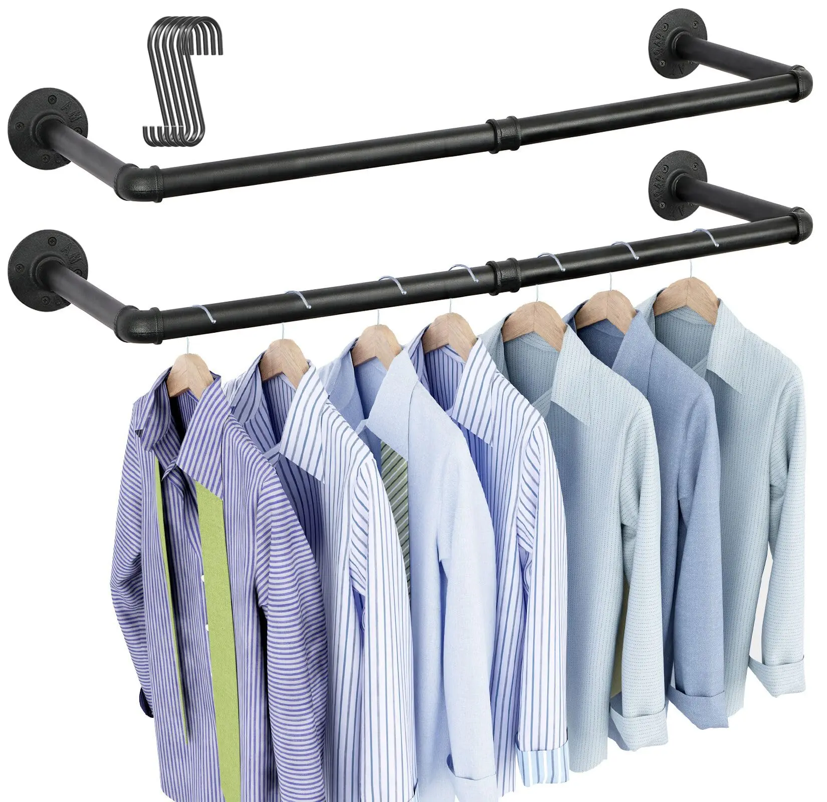 Industrial Pipe Clothes Rack Wall Mounted Set of 2, 38.4 inches Heavy Duty Iron Pipe Clothing Garment Rail, Multi-Purpose Clothing Hanging Rod for Laundry Room and Closet Storage