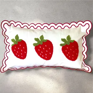 12x20 Embroidered Summer Strawberries Scalloped Velvet Throw Pillow Cover