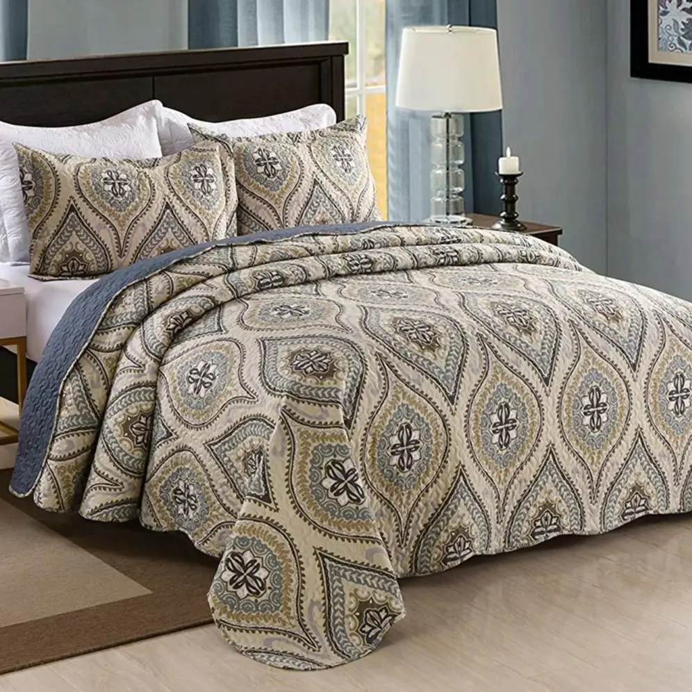 Elegant Damask Bedspread Set - 3 Piece Quilted Bedspread Quilt Set Lightweight Bedspread Queen/King Size Polyester Bedding Set For All Seasons Flat Weave Hypoallergenic Hygroscopic Anti-Static