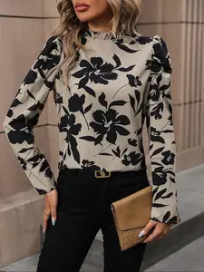 Women's All Over Floral Print Frill Trim Puff Sleeve Blouse Shirts, Elegant Keyhole Neckline Long Sleeve Top for Spring & Fall, Women's Clothing for Daily Wear