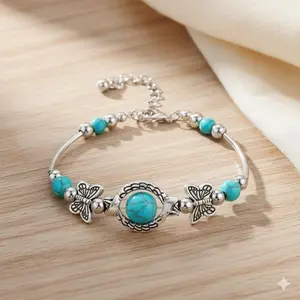 925 Sterling Silver Turquoise Butterfly Beaded Bracelet, Adjustable Hypoallergenic, Handmade Beaded Bangle, Versatile Daily Wear Jewelry, Original Design Best Friend Gift.