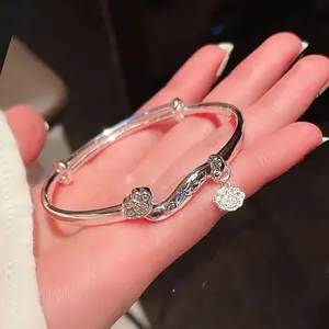 silver 925 Ruyi Buddha Hand Lotus Flower Bracelet for Women Fashion Chinese Style Fu character Pullable bangles Wedding Jewelry