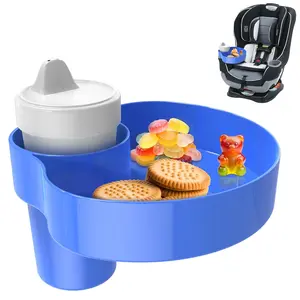Car Seat Snack Tray: Travel Tray for Kids Carseat Cup Holder with Food Trays, Stroller Snacks Plate for Toddlers, Kid Road Trip Essentials, Blue