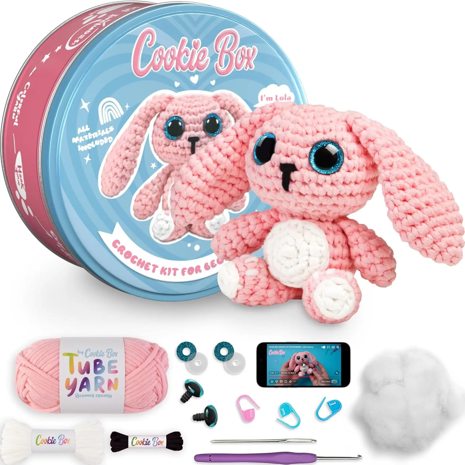 Cookie Box Original Crochet Kit for Beginners – Gift Set to Make Bunny Lola Amigurumi Plushie – Easy DIY Crochet & Knitting Starter Kit with Video and PDF Tutorials
