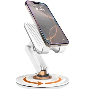 Foldable Smartphone Stand Holder - Metal Base, Compact, 360° Rotation, Non-Slip Pad, Folding Stand for Desk - Adjustable Cellphone Mount Wireless Charging Bracket
