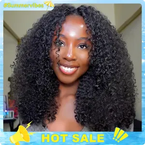 Vshow Kinky Curly Hair V Part Human Hair Wig With Drawstring All Size Fit 250% Density Glueless V Part Wig For Black Women Natural Blend Kinky Curly Wigs #Summervibes
