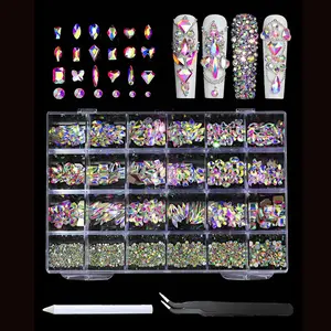 Nail Art 24 Grids AB Color Y2K Aesthetic Rhinestones Kit Flat Bottom Asymmetric Shape Manicure Decoration DIY Nail Charms Gems Supplies
