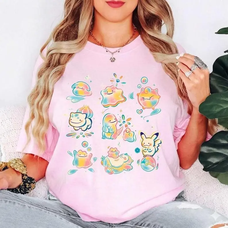 Comfort Color Ditto Poke Friends Shirt, Cute Rainbow Pocket Monster Tee, Kawaii Anime Character Graphic, Colorful Gamer Gift for Her Jayshon