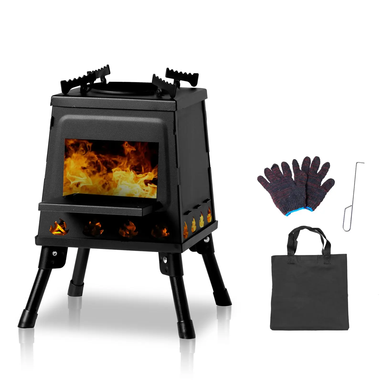 Portable Camping Stove, Multifunction Rocket Stove, Alloy Steel Charcoal Stove, Rocket Stove Heater w/Storage Bag & Accessories Outdoor Stove for Fishing Picnic 10.6" (Black)
