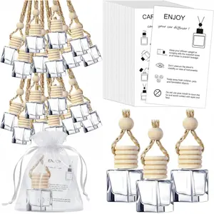 25 Sets Hanging Car Air Freshener Diffuser Bottles Empty Bulk with Car Diffuser Instruction Cards Organza Bags Glass Refillable Essential Oil Fragrance Aromatherapy Pendant(Clear,Flat Square)