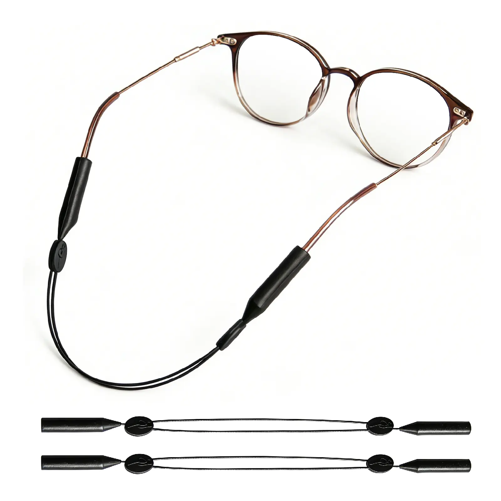 Adjustable eyeglass strap, non-slip sports sunglasses strap, wire-frame glasses cord, eyeglasses holder with steel wire (set of 3, black), includes two anti-slip sleeves