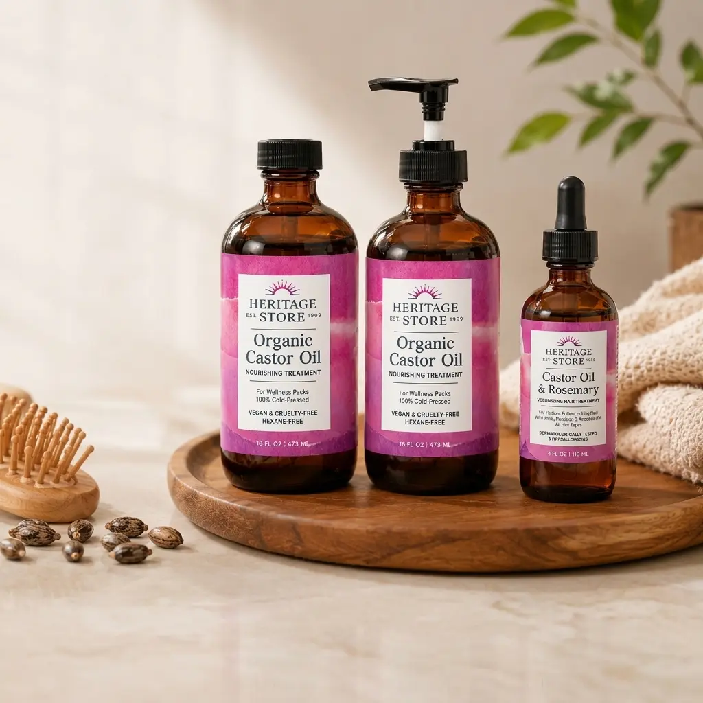 Heritage Castor Oil Tiered Lineup – Castor Oil 16oz + Castor Oil 16oz w/Pump + Castor & Rosemary Scalp Relief Tonic – Discovery 3-Pack